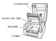 打印线调节齿轮/标签导向卡槽（两侧）/黑标传感器/打印辊轴